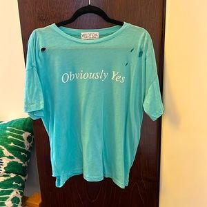 Wildfox T-shirt, size large, intentionally “holely” blue/green, cotton/poly